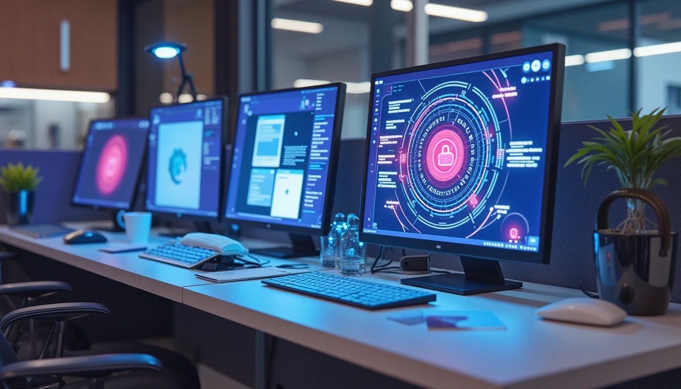 Ultrarealistisches modernes Versicherungsbüro mit KI-Betrugserkennungsschnittstelle, hervorhebend VAARHAFT System und sichere Datenabläufe