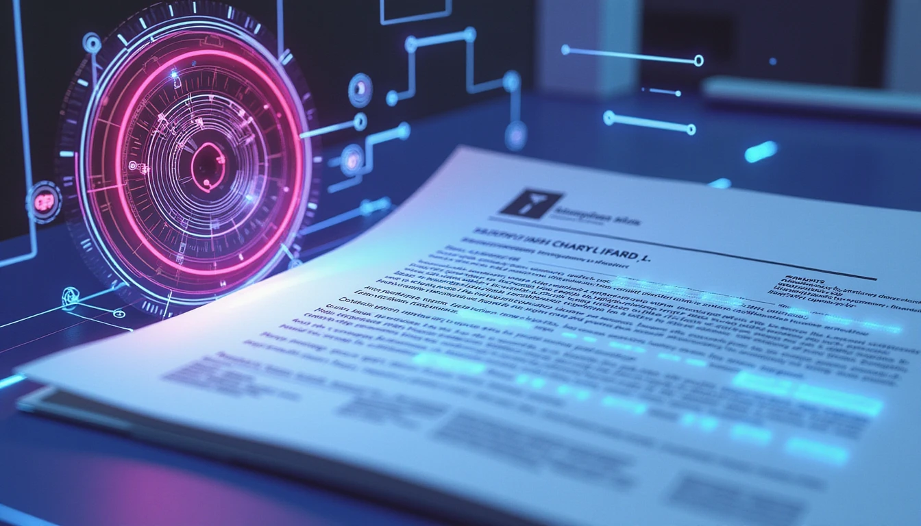 Futuristic macro of AI-generated insurance document scanned by neon-lit fraud detection interface in secure fintech environment