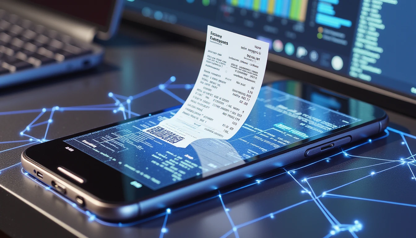 Futuristic office with floating digital receipt, holographic UI, and neon-lit AI network analyzing expense data securely