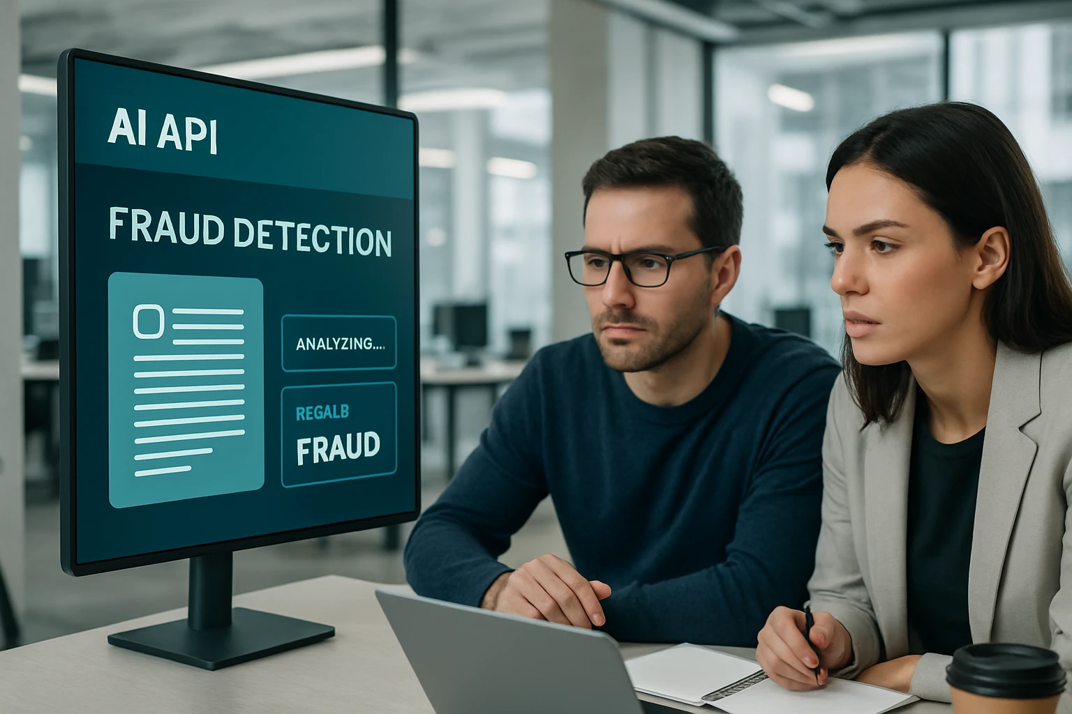 AI API visualizes document fraud detection with pattern recognition; emphasizes its role in enhancing security and efficiency.