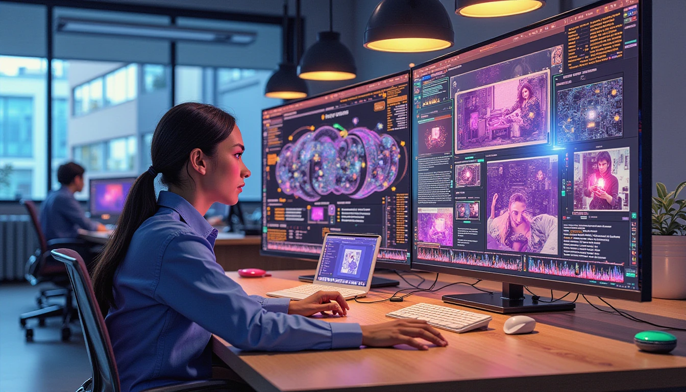 Futuristic insurance office with AI forensics overlay, neon-lit circuits, metadata scans, and fraud detection markers.