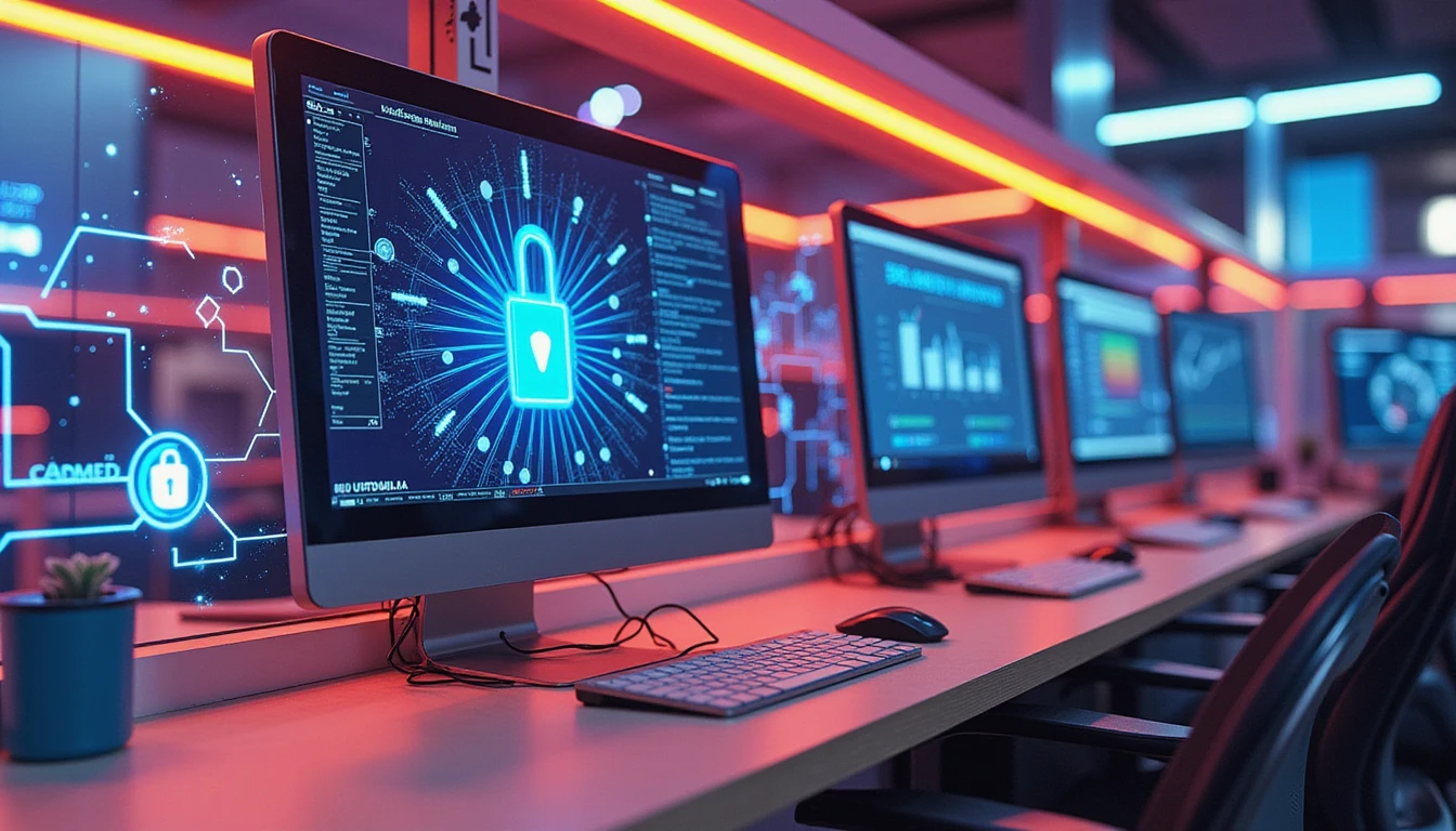 Futuristisches, KI-gestütztes forensisches Betrugserkennungssystem mit schlanker Benutzeroberfläche, Metadatenanalyse und leuchtenden Cybersecurity-Elementen.
