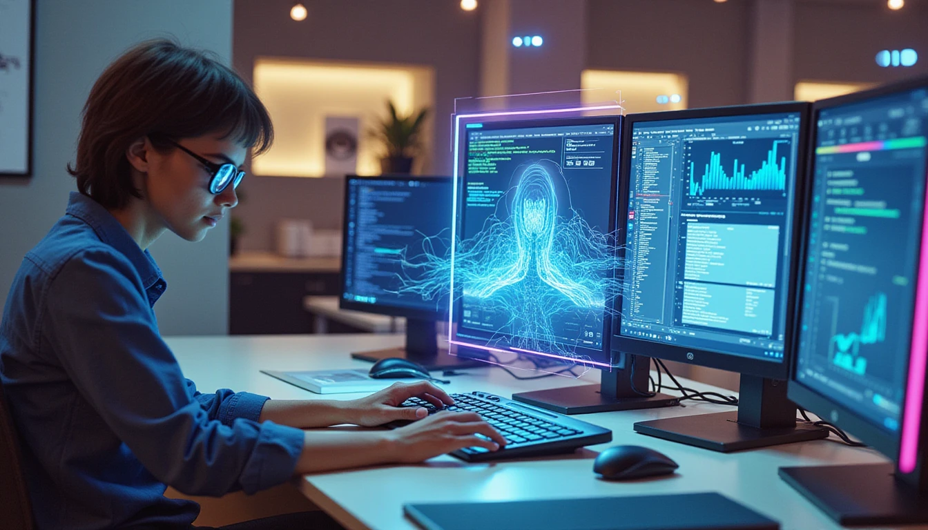 Insurance analyst using AI-driven fraud detection tools on a modern computer, with holographic biometric scans and digital verification overlays.