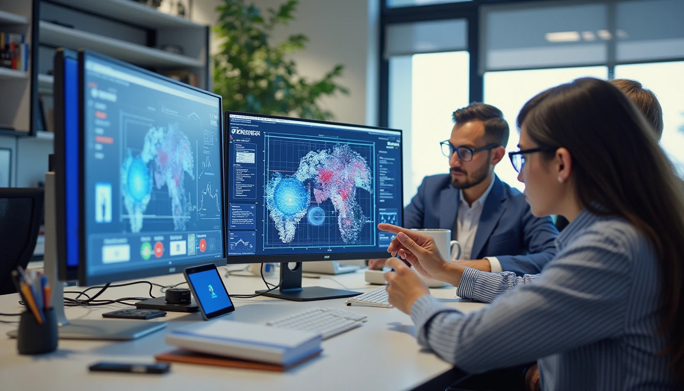 Diverse team in modern insurance office using AI photo forensics on holographic screens to detect image fraud