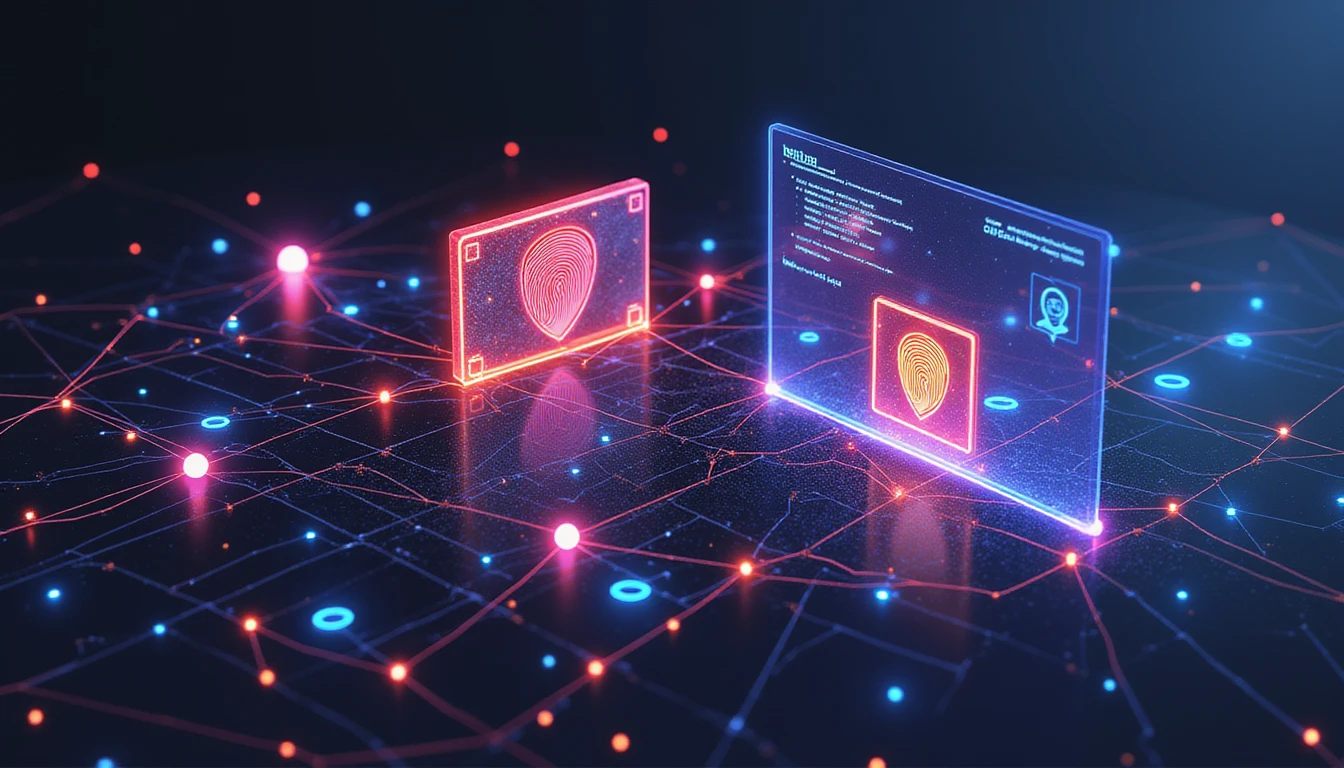 Futuristic AI-powered fraud detection with glowing data nodes, security shields, fingerprint scan, and facial recognition elements.