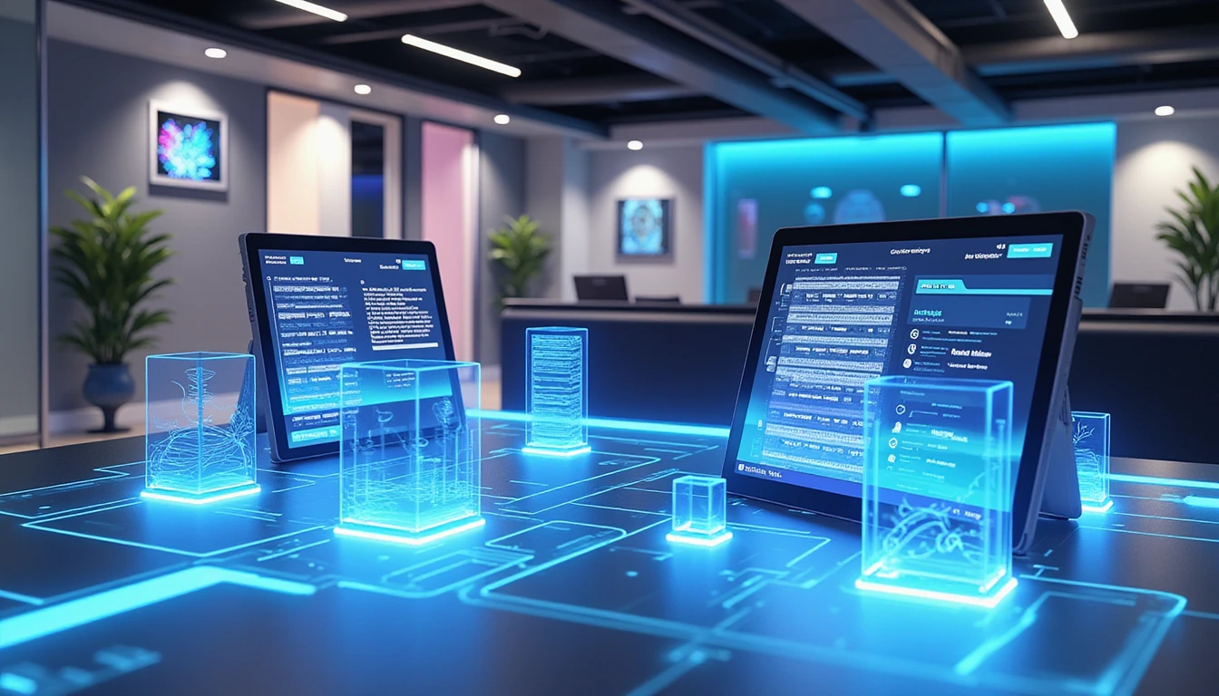 Futuristic office with neon-blue holograms analyzing receipts, symbolizing AI-driven expense security and GDPR-compliant workflows