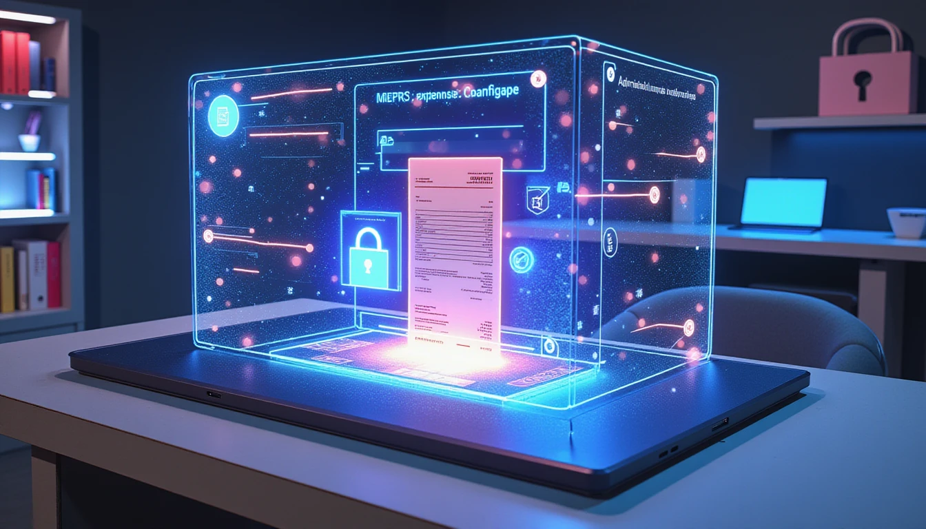 Futuristic digital workspace with holographic expense dashboard and AI verifying receipts amid glowing data and security symbols