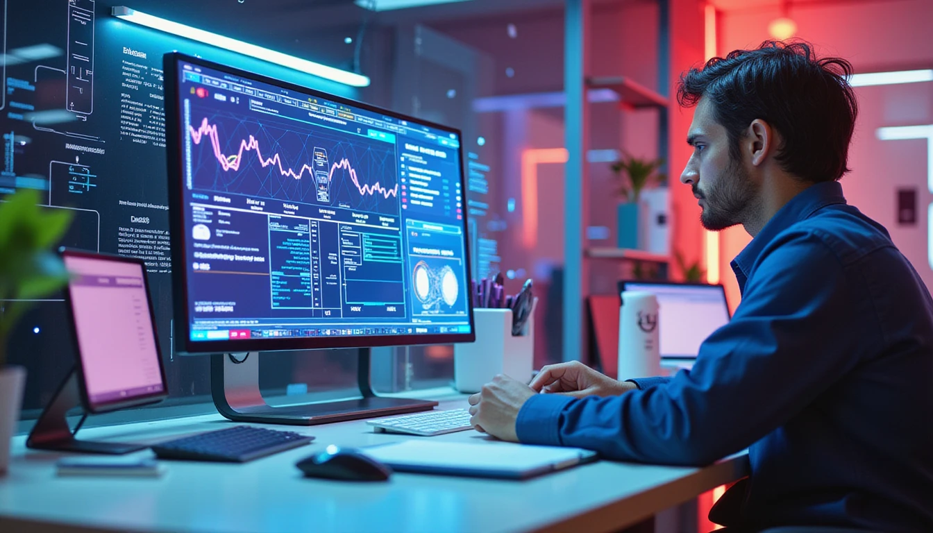 Versicherungsanalyst überprüft neonbeleuchtete digitale Rechnung mit KI-Überlagerungen, Betrugserkennung, Datennetzwerk und Sicherheitssymbolen in futuristischem Büro