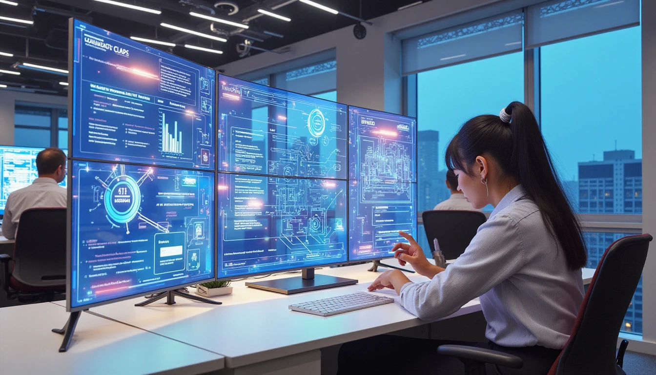Fachleute in einem High-Tech-Versicherungsbüro analysieren Dokumente auf holografischen Bildschirmen, während ein KI-Neuronales Netz Überlagerung Betrug erkennt.