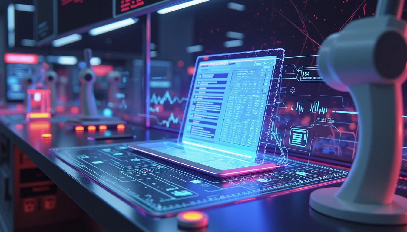Futuristic digital interface with neon-glowing AI scanning documents for fraud detection, featuring holographic data and cybersecurity elements.