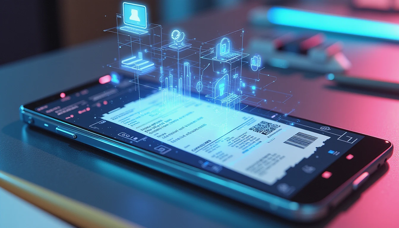 Macro view of smartphone showing digital receipt with neon data highlights, AI fraud detection visuals, and holographic security icons
