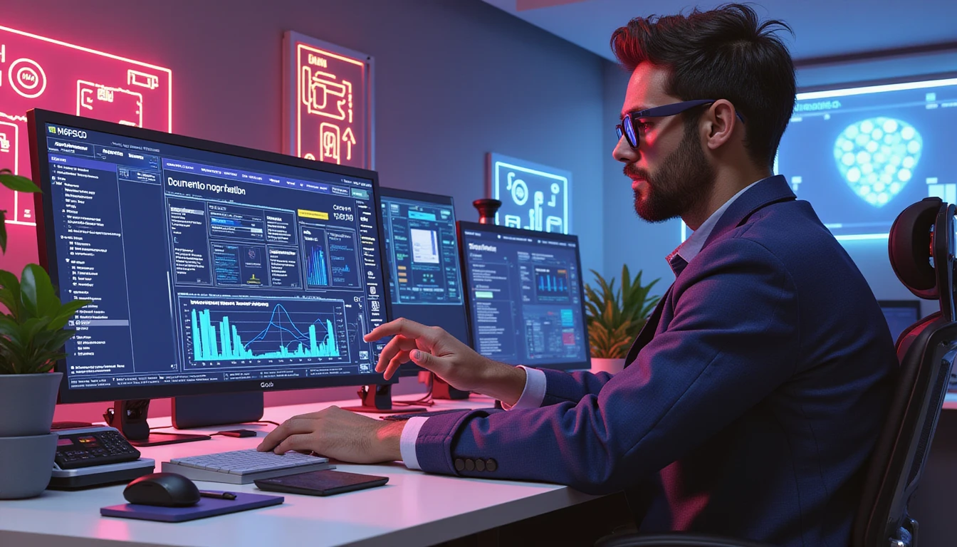 Futuristic digital workspace with neon data diagrams, dashboards for fraud detection, and cyber security elements