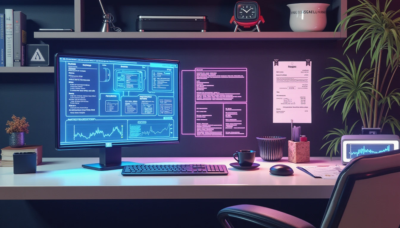 Futuristic office with AI analytics dashboard, neon data streams, and visuals of fraud detection and digital receipt validation