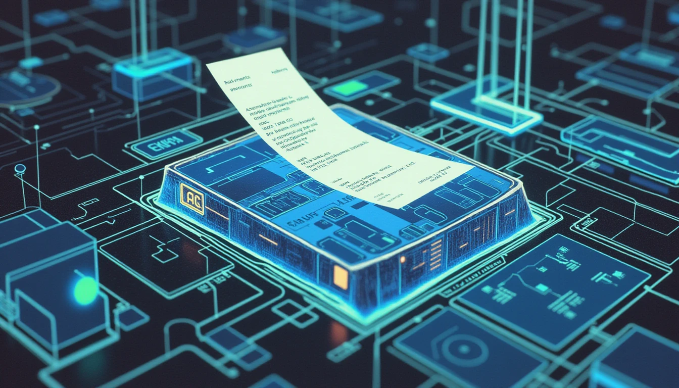 AI-powered compliance system scanning digital receipt with neon-lit fraud detection, data streams, and secure automation