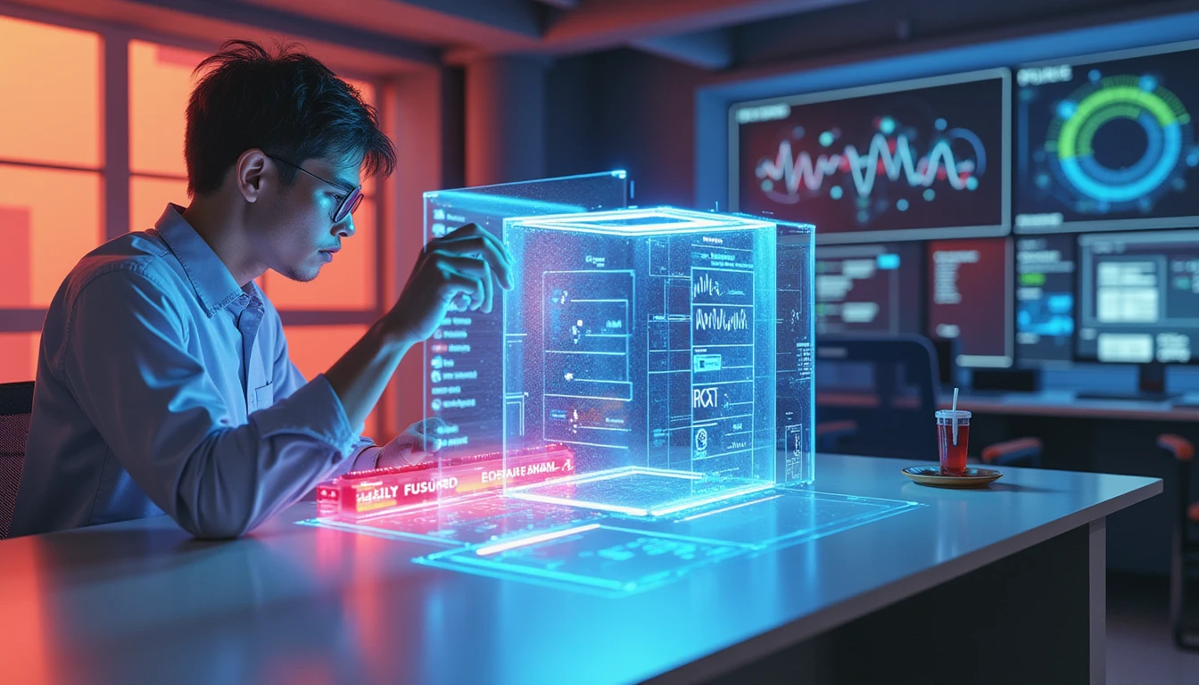 Insurance analyst reviews holographic documents with AI-powered deepfake detection in a high-tech futuristic office setting.