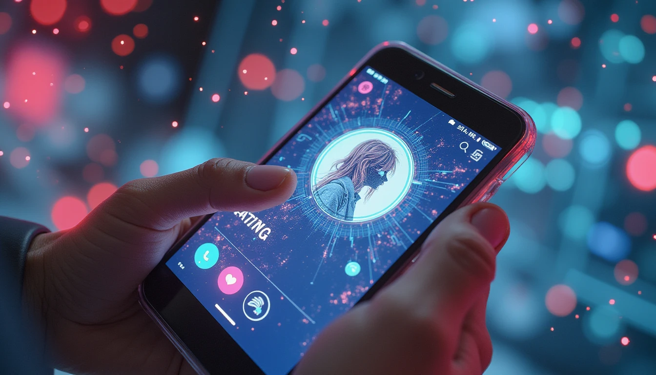 Close-up of a smartphone showing a dating app profile glitching, with digital network overlays symbolizing AI fraud detection.