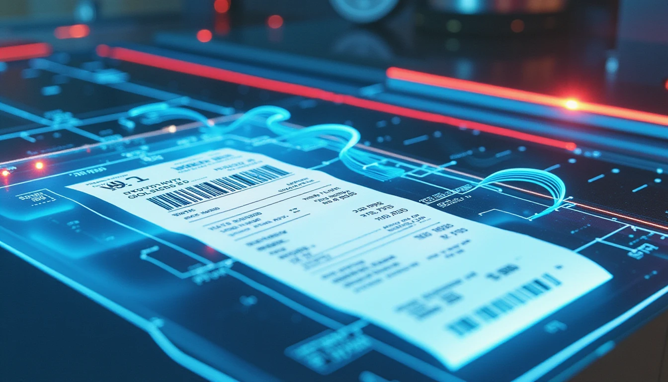 AI-driven office analyzing a digital receipt for fraud, with glowing interface, metadata scan, and neon data security visuals
