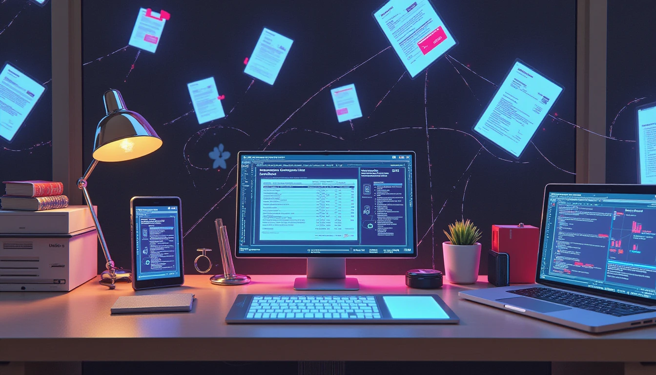 Futuristic workspace with holographic UI analyzing invoices, fraud detection dashboard, and AI neural network visualization