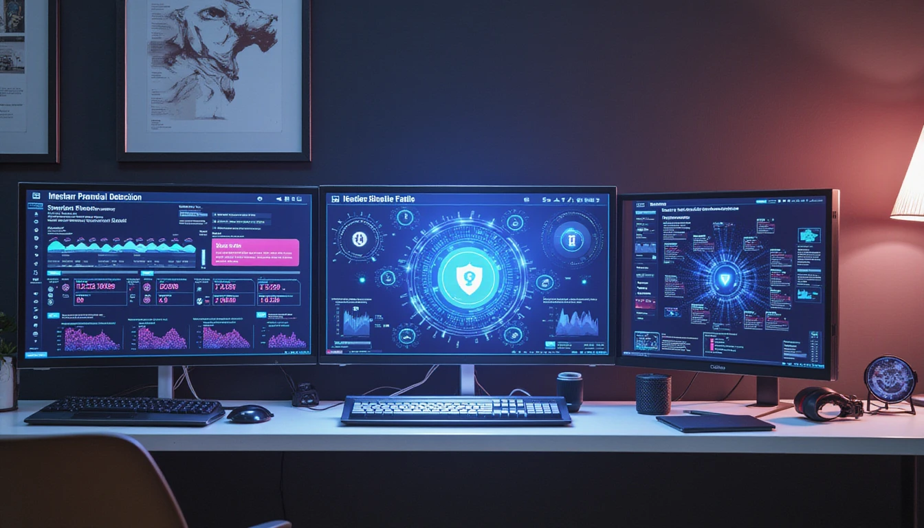 Futuristic insurance office with holographic fraud detection analytics, AI-driven security visuals, and data flow lines symbolizing prevention.
