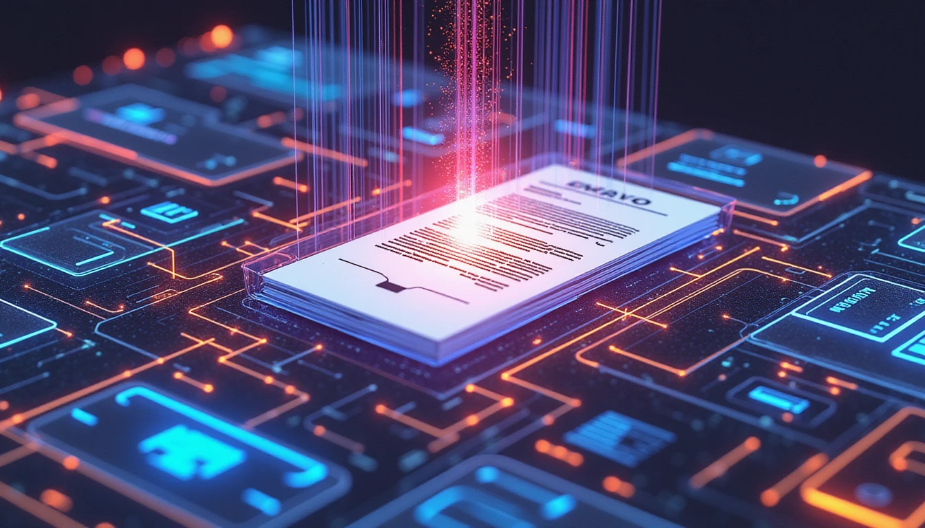 Glowing neural network scans digital documents amid holographic AI defenses, symbolizing real-time fraud detection and data security.