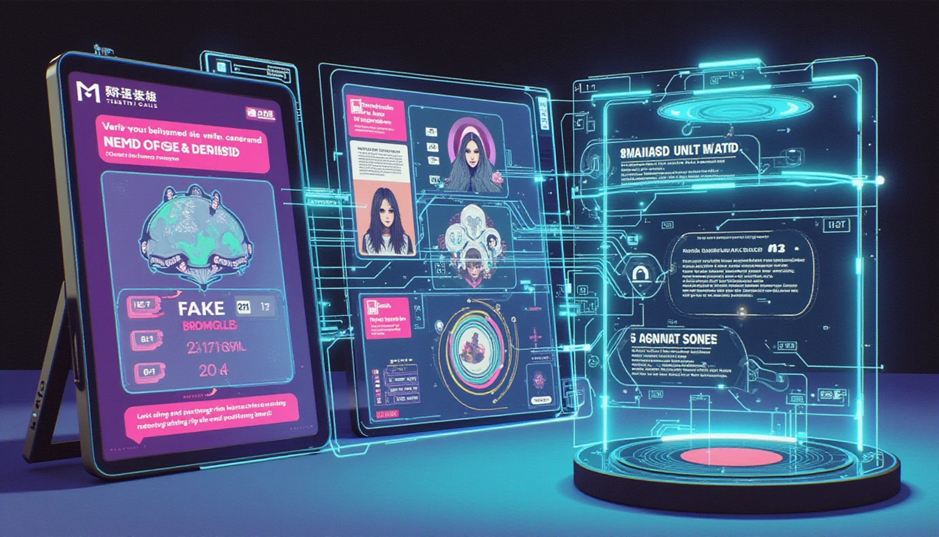 Futuristic AI interface verifying dating profiles with neural networks, fake image detection, and secure digital connections