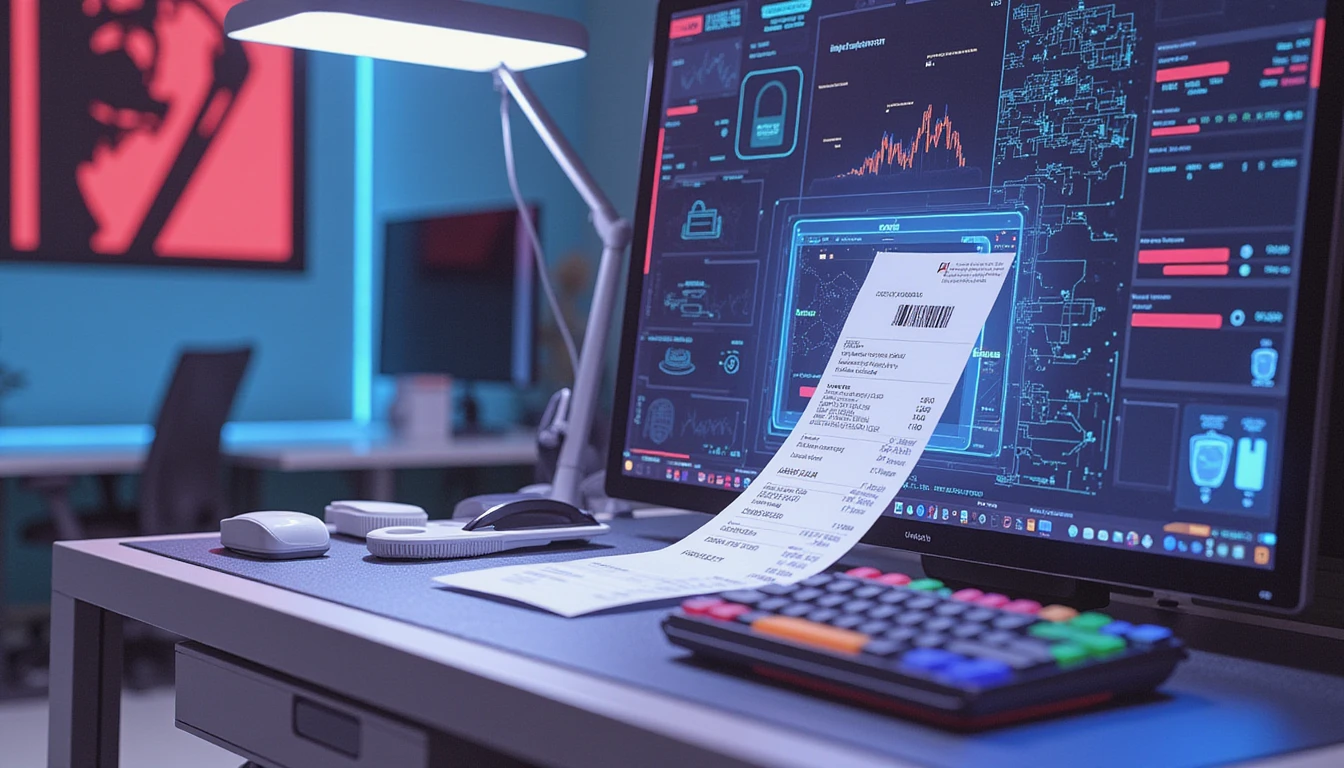 Futuristic workspace with validated receipt on screen, glowing data overlays, and holographic AI fraud detection visuals