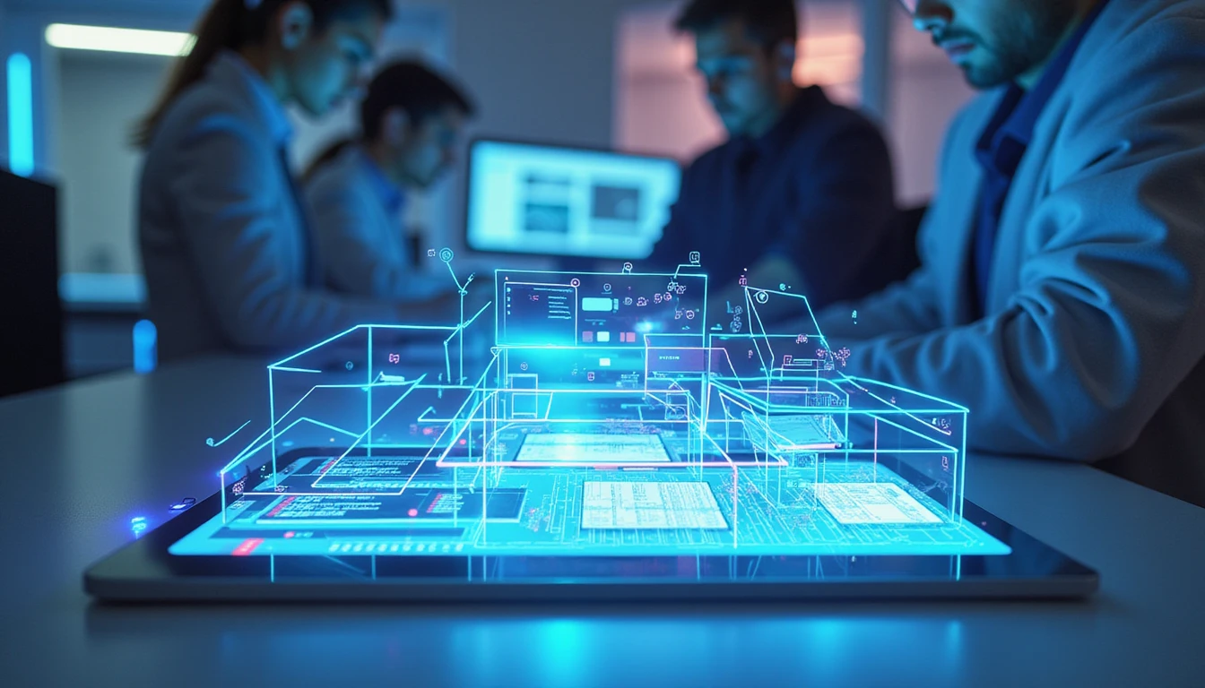 High-tech desk with glowing tablet showing AI-driven fraud detection interface and real-time document analysis tools