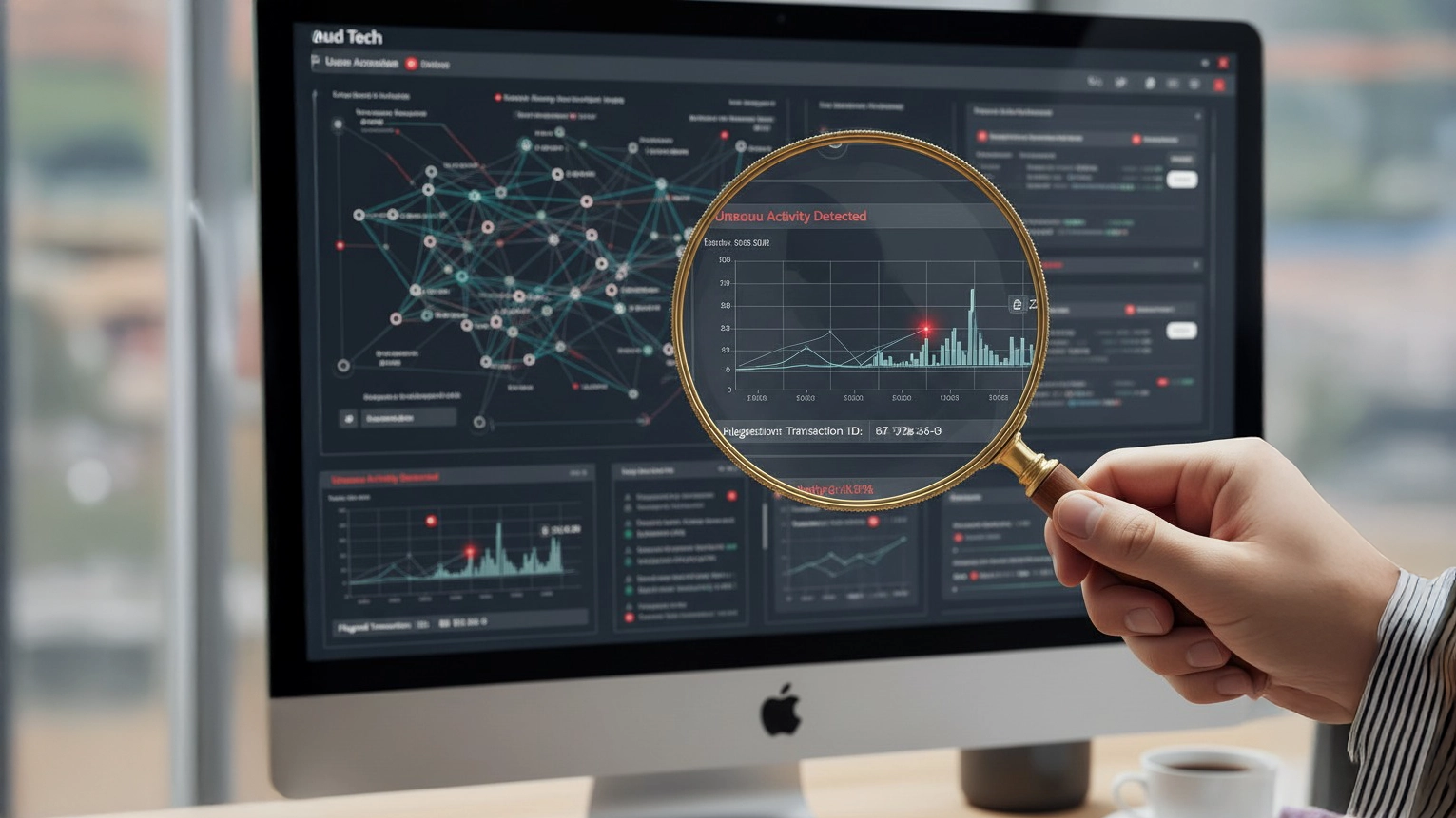 A realistic office scene showing digital analysts scrutinizing deepfake documents with AI tools, embodying fraudtech image and document analysis.