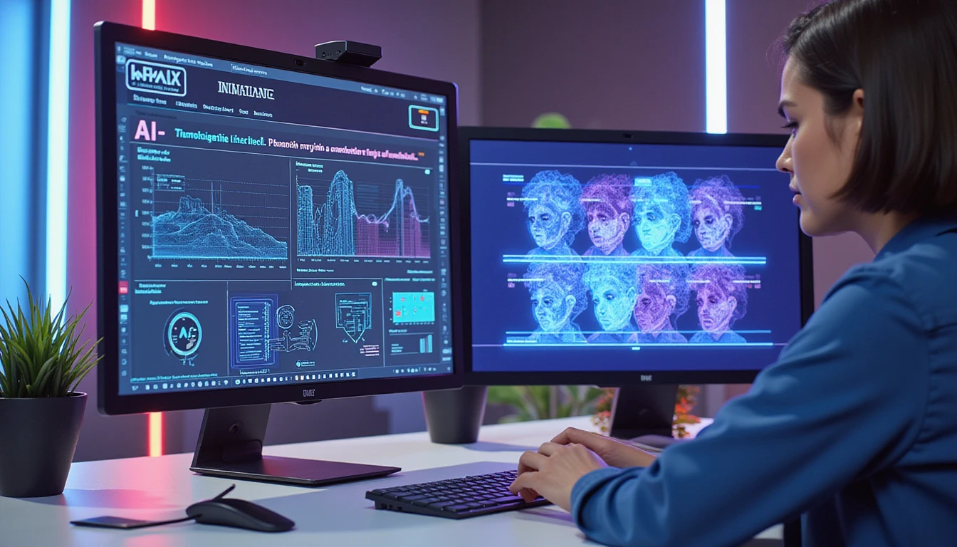 Insurance analyst reviews AI-powered dashboard with deepfake detection, facial scan data, and cybersecurity holograms