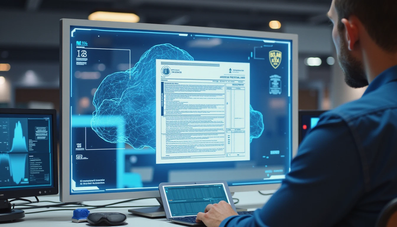 Fraud analyst reviews AI-highlighted digital claim form on transparent screen in high-tech insurance office setting