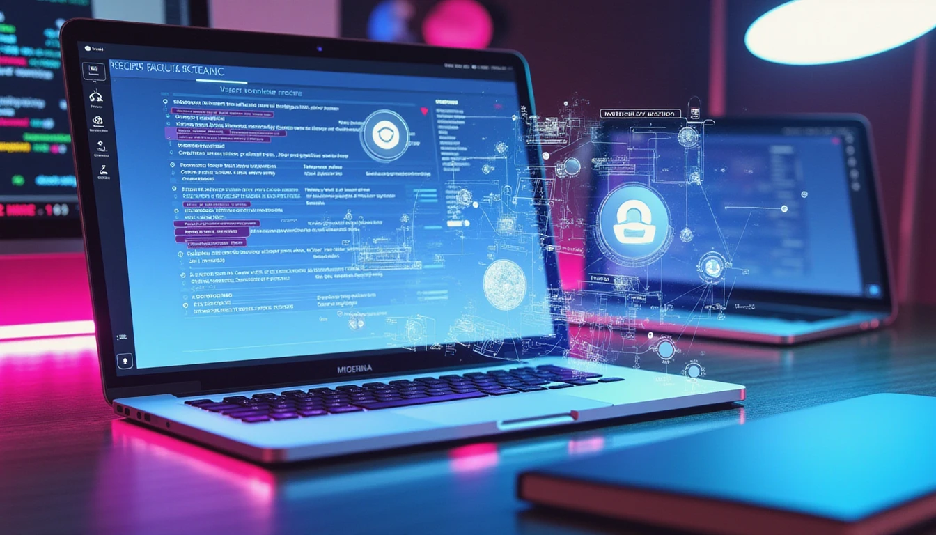 Macro view of neon-lit AI workspace showing digital receipt, holographic fraud analysis, and GDPR-compliant data overlay