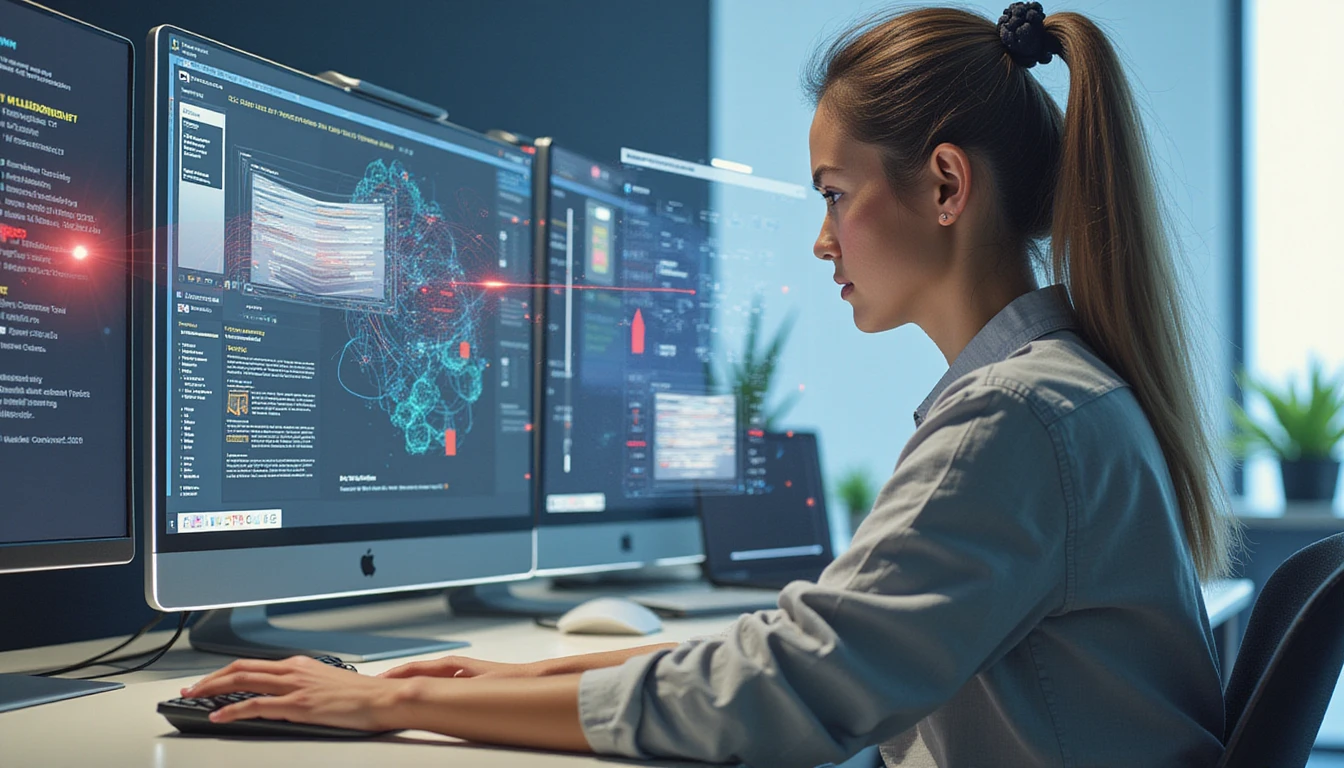 Ein Experte analysiert Spesendaten auf einer futuristischen Oberfläche, während der Fraud Scanner von VAARHAFT Betrug in Echtzeit mit einem neuronalen Netzwerk-Overlay hervorhebt.
