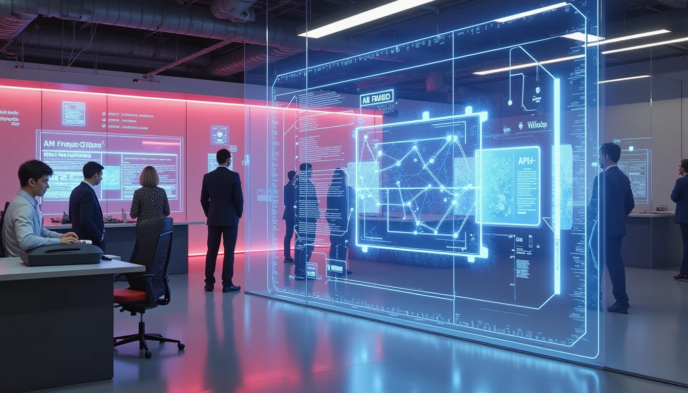 Modern insurance office with professionals reviewing claims on transparent screens, AI fraud detection visualized with glowing graphs.