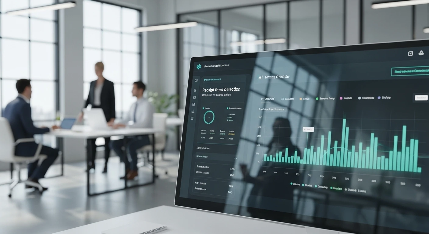 Nahaufnahme einer eleganten, modernen AI-Plattform-Schnittstelle zur Betrugserkennung für gefälschte Rechnungen nutzen, die Echtzeitanalysen von Rechnungen zur Verbesserung des Expense-Managements und der Betrugserkennung zeigt.