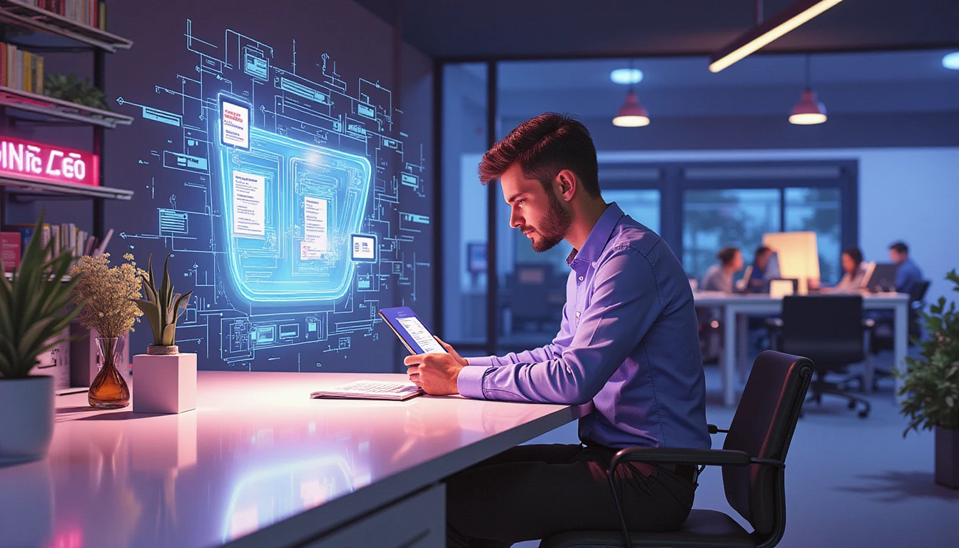 Professional analyzing holographic receipts in neon-lit office with AI dashboards and glowing data shield for fraud detection.