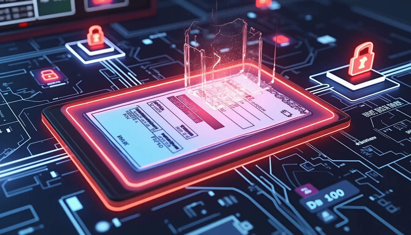 Futuristic AI interface detecting document fraud with neon holograms, security icons, and flowing data streams in dark theme