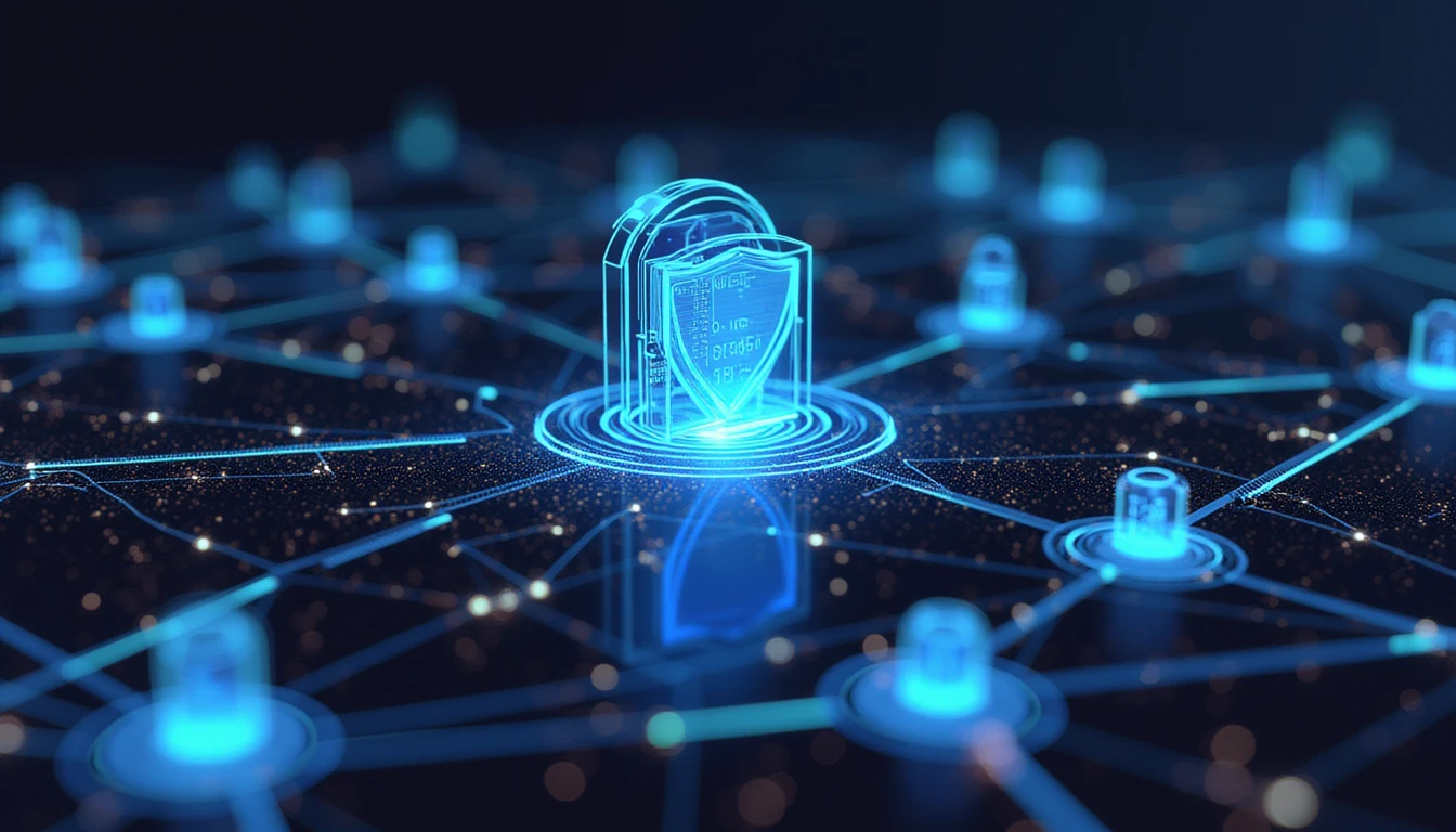 Futuristic neon interface showing interconnected nodes for real-time API integration in insurance fraud detection, with a secure shield icon.