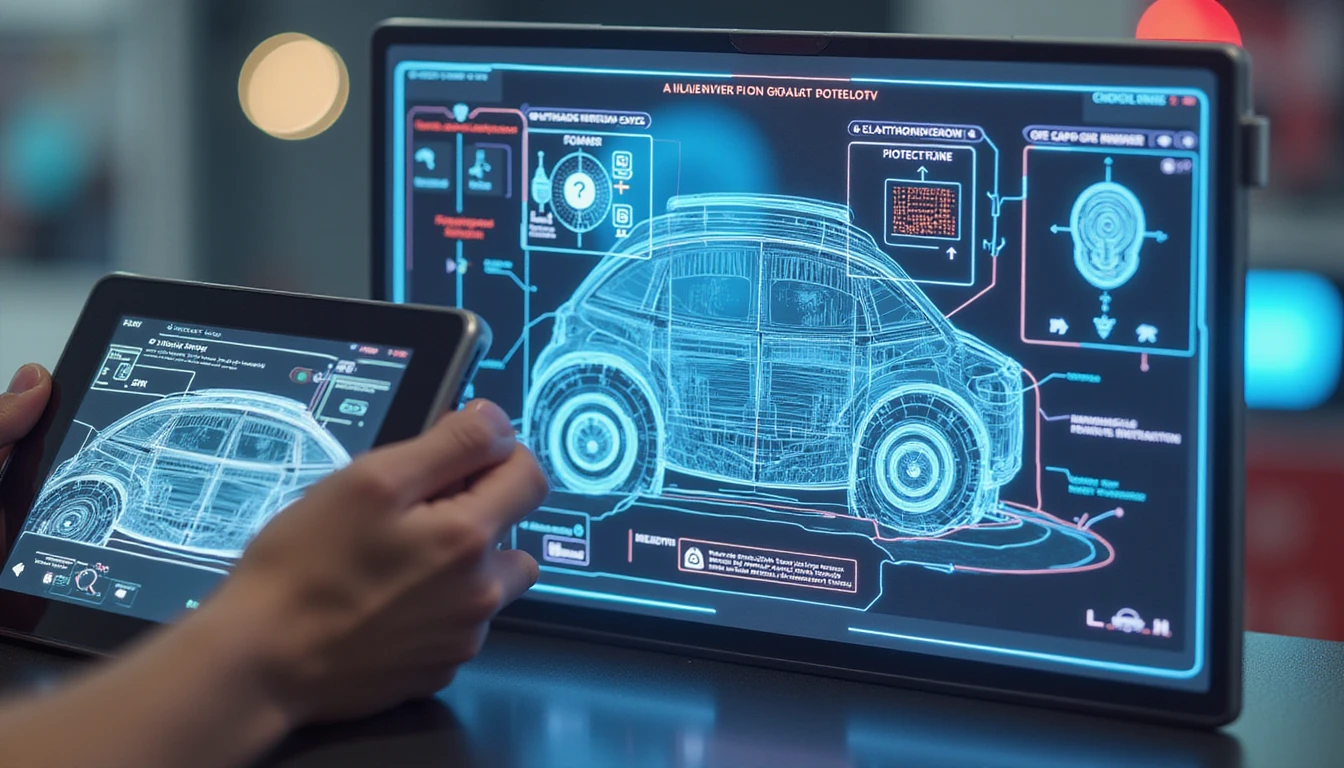 Insurance agent inspects car damage via tablet with AI fraud detection overlay, highlighting security and verification tech.