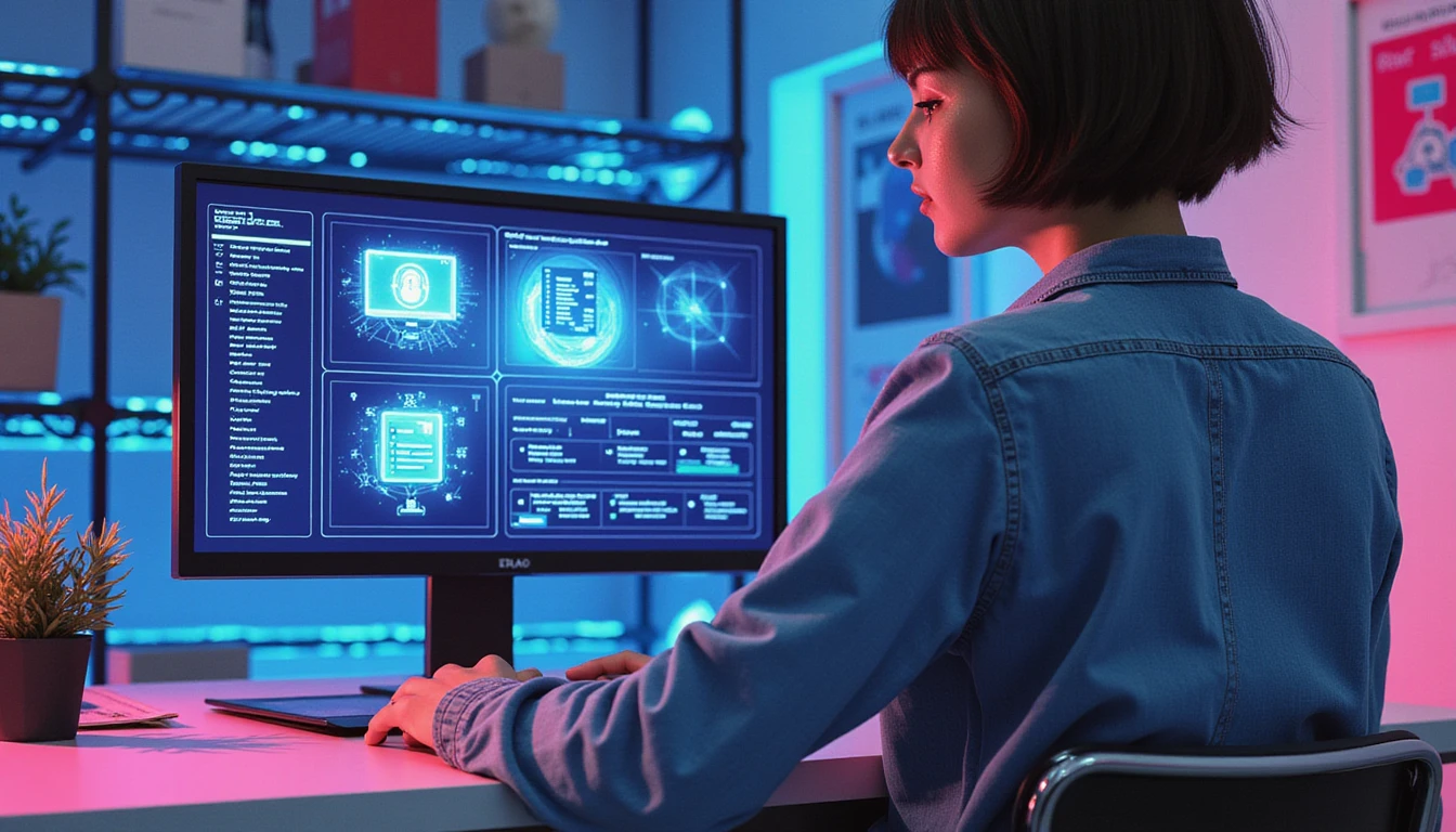 Neon-lit digital workspace with AI fraud detection dashboard, holographic metadata scans, and neural network visualizations