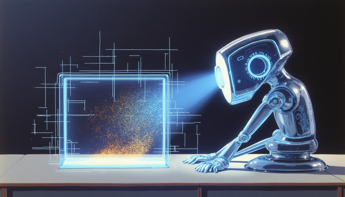 Futuristischer KI-Scanner überprüft ein fragmentiertes digitales Bild, rekonstruiert es sicher und erkennt dabei betrügerische Elemente.