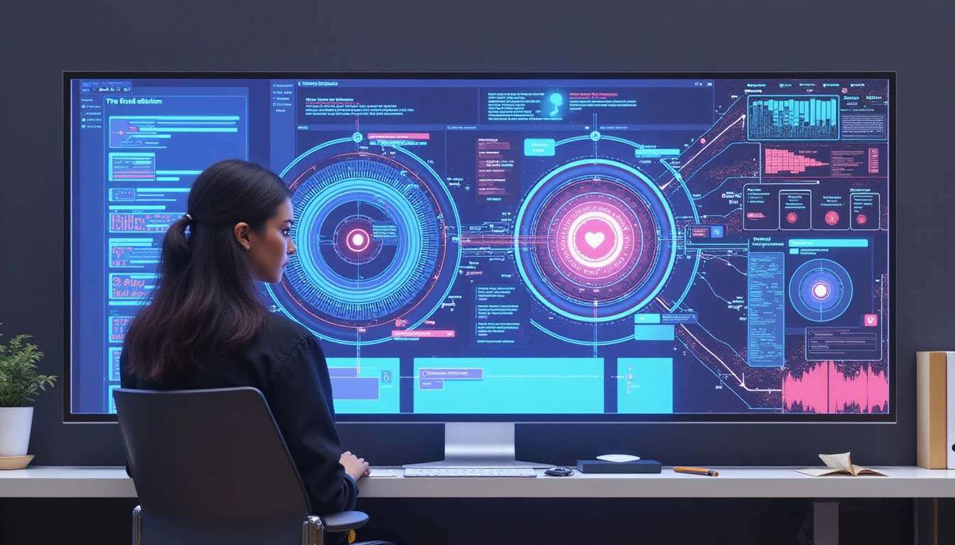 Futuristic insurance analyst reviews AI-powered fraud detection dashboard with neon-lit diagram and cybersecurity visuals in background