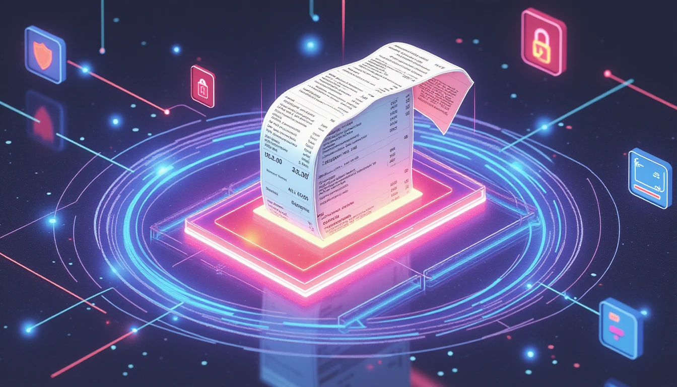 Digital receipt in neon data cloud with holographic scanner, metadata flow, and cybersecurity symbols amid AI circuitry visuals