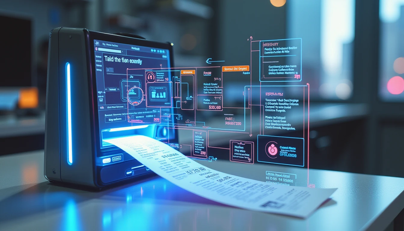 Futuristic AI workspace scanning receipt with glowing data flow, showing fraud detection and secure document verification.