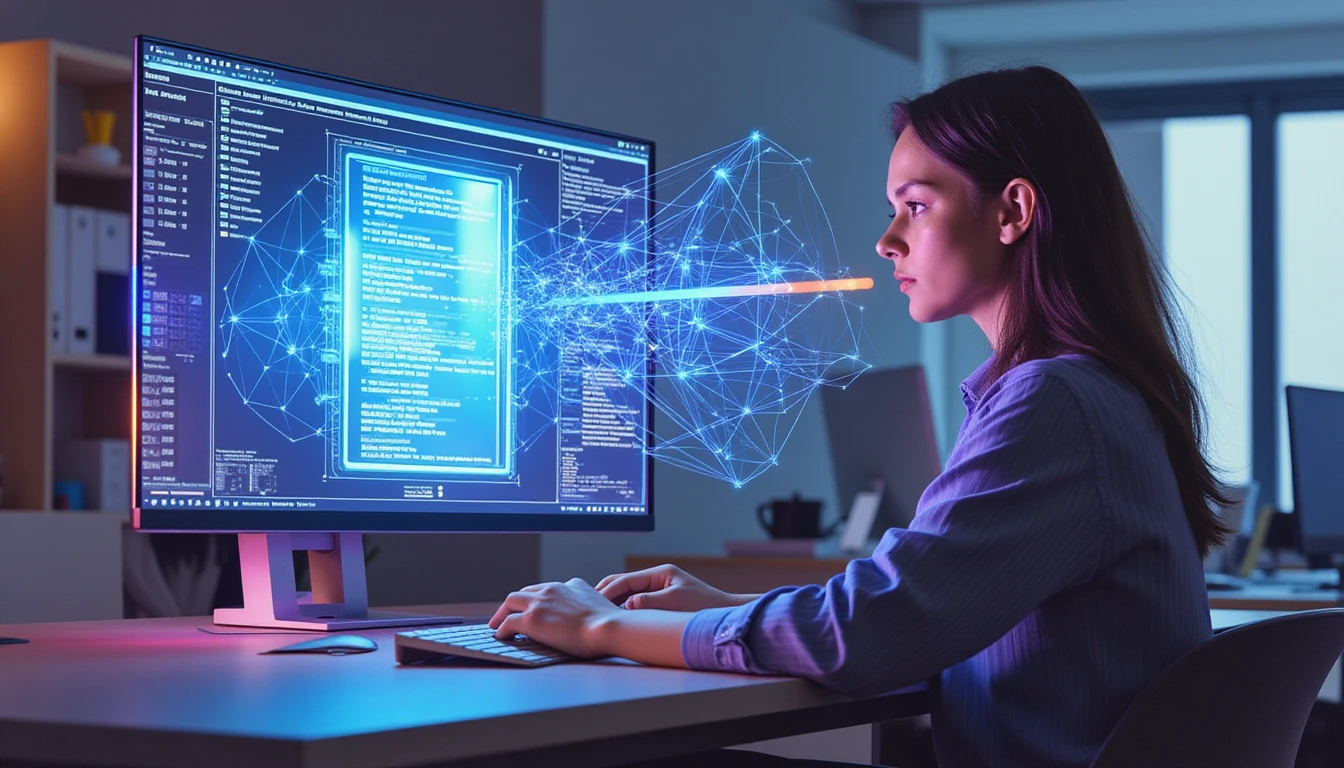 Professional at sleek computer amidst high-tech neon interface analyzing insurance documents with AI fraud detection visuals