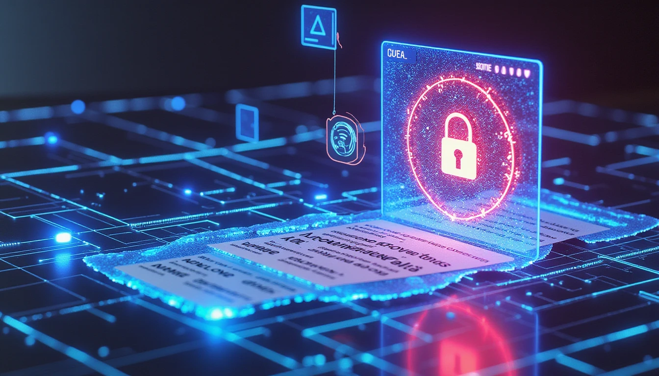 Futuristic AI-driven document scanning with neon-lit security shields, data grids, and fraud detection visuals in a high-tech insurance setting.