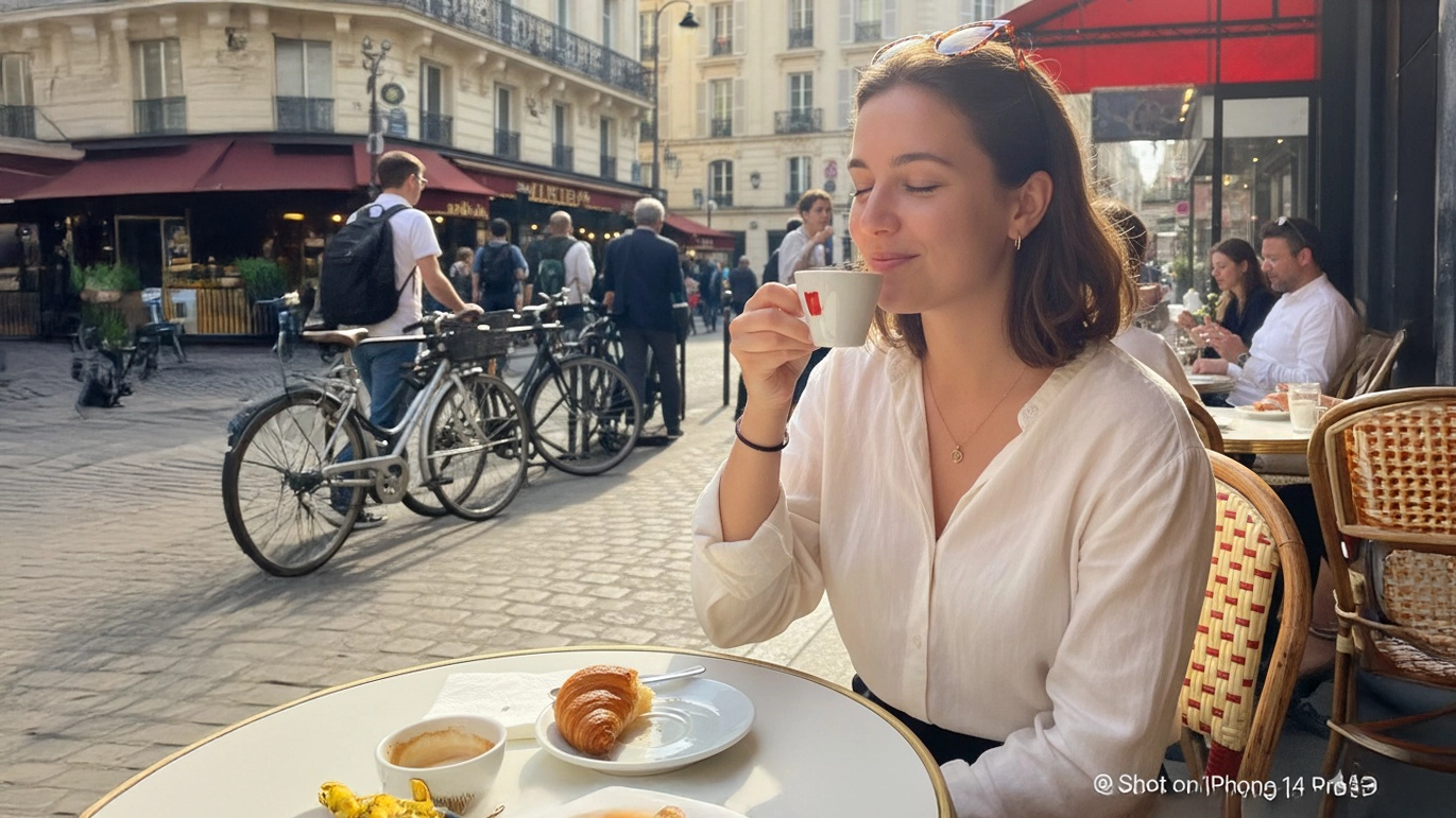 Ultra-realistische, aber KI-generierte Szene einer jungen Frau, die in Paris Kaffee trinkt.