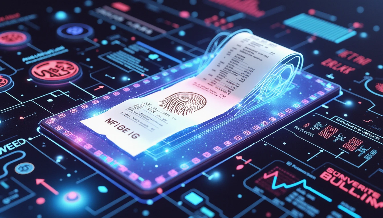 Futuristic neural network scans glowing receipt for AI fraud detection amid neon data overlays and secure finance symbols