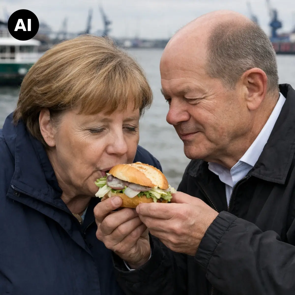 AI-generated image of two people, a woman and a man from German politics, sharing a fish sandwich at the Port of Hamburg.