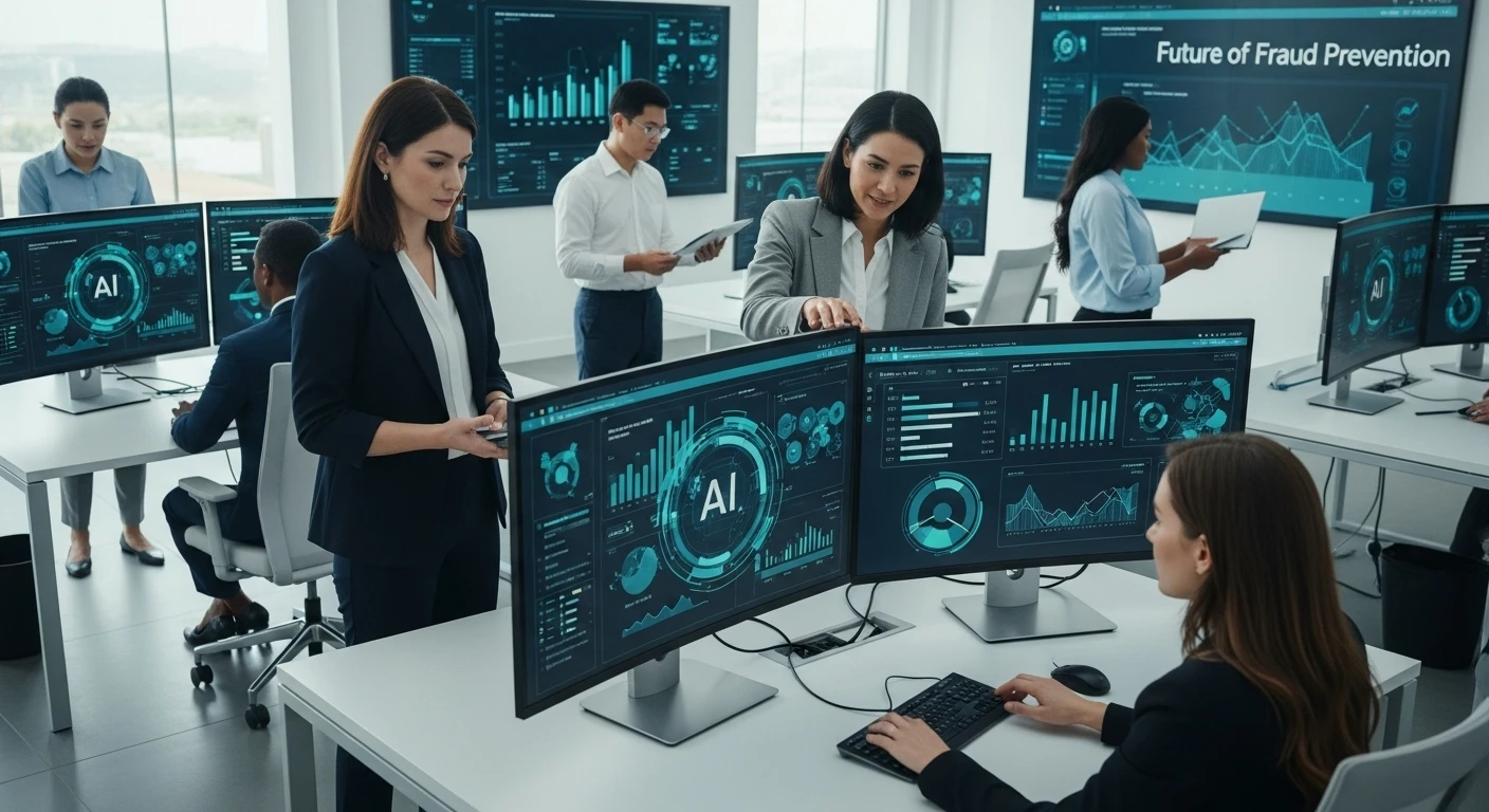 KI-gestützte Betrugsprävention in Versicherungen, dargestellt mit einer modernen Büroszene, die innovative Technologie und Sicherheitsmaßnahmen hervorhebt.