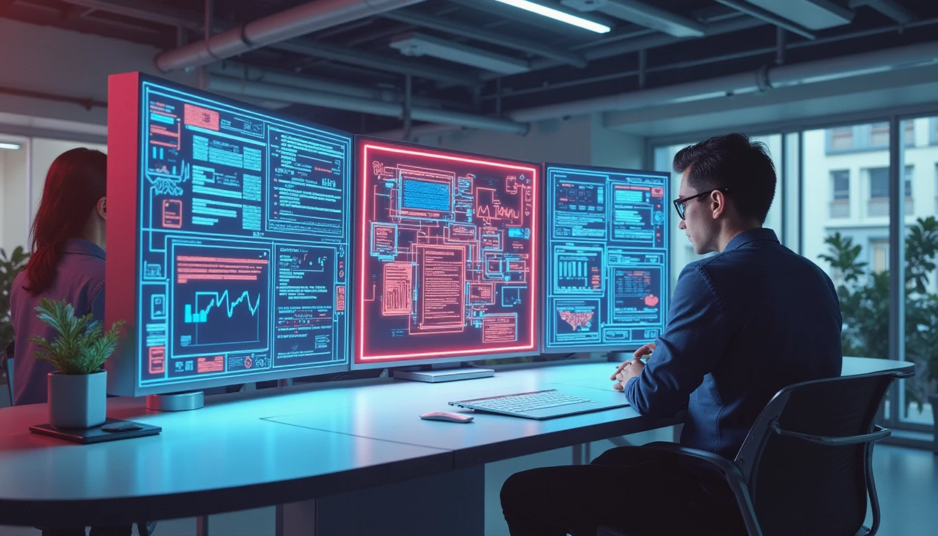 Futuristisches Versicherungsbüro mit Fachleuten, die holographische AI-Tools nutzen, um Betrug durch leuchtende Daten- und Dokumentüberlagerungen zu erkennen